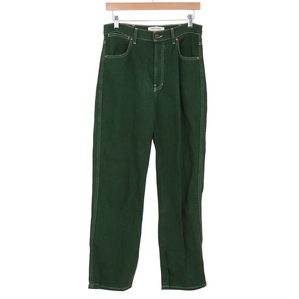 Reformation Jeans Womens 27 Straight Leg Forest Green Contrast Stitch Excellent